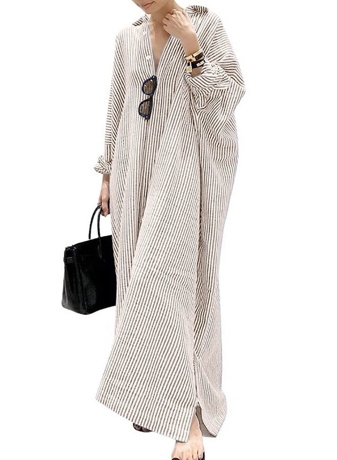 utcoco Womens Striped Long Sleeve Dress Casual Loose Button Down Cotton Maxi Shirt Dress (Large, Khaki) - Image 1
